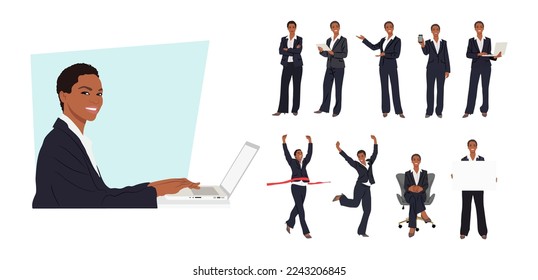 Set of Businesswoman character in different poses. Pretty young black woman in formal suit standing, showing phone, using laptop, running. Vector realistic illustration isolated on white background