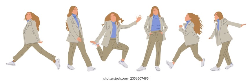 Set of Businesswoman character in different poses. Pretty young woman wearing formal suit and sneakers, standing, walking, running, jumping, front and side view. Vector illustration isolated on white