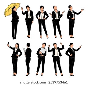 Set Businesswoman character in different poses. Pretty woman in suit standing, pointing, using phone, laptop, umbrella, front, side, back, rear view. Vector illustration isolated on white background