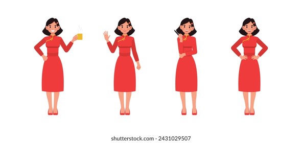 Set of businesswoman character vector design. Chinese woman in different poses illustration. Presentation in various action.