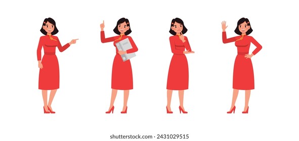 Set of businesswoman character vector design. Chinese woman thinking and working in office illustration. Presentation in various action.