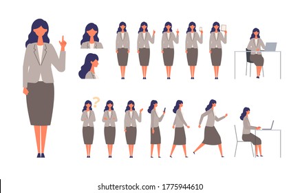 Set of businesswoman characters in different poses. Working, standing, walking, sitting and running. Vector illustration in flat style.