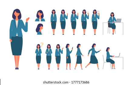 Set of businesswoman characters in different poses. Working, standing, walking, sitting and running. Vector illustration in flat style.