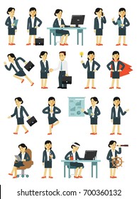 Set of businesswoman characters in different poses in flat style isolated on white background. Business woman in office with gestures and actions