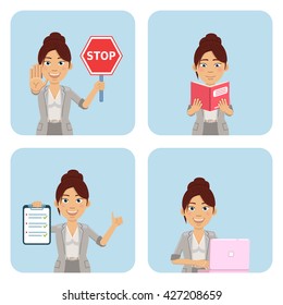 Set of businesswoman characters posing in different situations. Cheerful woman holding stop sign, clipboard, reading a book, working at a laptop. Flat style vector illustration