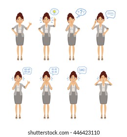 Set of businesswoman characters posing in different situations. Cheerful woman pointing up, talking on phone, thinking, laughing, surprised, crying. Flat style vector illustration