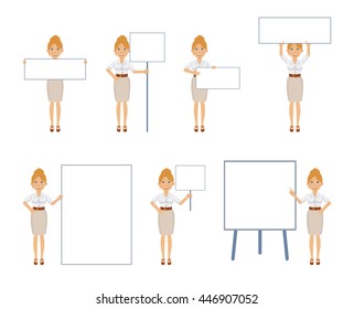 Set of businesswoman characters posing with different blank banners. Cheerful businesswoman holding placard, paper, poster, pointing to whiteboard, teach, promote. Flat style vector illustration