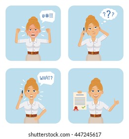 Set of businesswoman characters posing in different situations. Cheerful woman talking to phone, thinking, surprised, angry, holding document. Flat style vector illustration