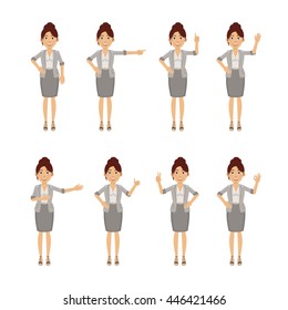 Set of businesswoman characters showing different hand gestures. Cheerful businesswoman showing thumb up gesture, greeting, waving, pointing, victory hand. Flat style vector illustration