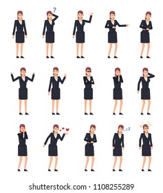 Set of businesswoman characters showing diverse emotions. Woman in dark suit laughing, crying, tired, angry, sleeping, in love and showing other expressions. Flat design vector illustration