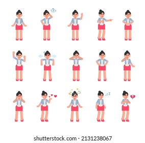 Set of businesswoman characters showing various emotions. Woman laughing, sleeping, crying, angry, tired, in love and showing other expressions. Modern vector illustration