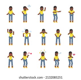 Set of businesswoman characters showing various emotions. Woman laughing, sleeping, crying, angry, tired, in love and showing other expressions. Modern vector illustration