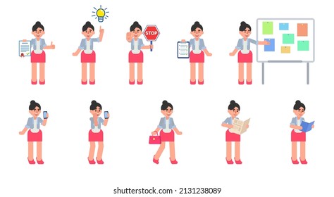 Set of businesswoman characters in various situations. Woman holding document, clipboard, stop sign, talking on phone, running, reading and other actions. Modern vector illustration