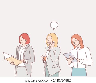 Set of businesswoman characters working. Hand drawn style vector design illustrations.