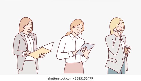 Set of businesswoman characters working . Hand drawn style vector design illustrations.	