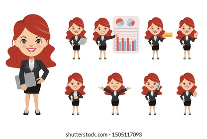 Set of businesswoman creation character pose with occupation job in uniform suit. Chibi cartoon business people style.