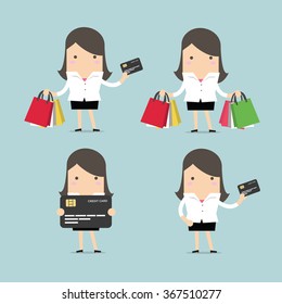 Set of businesswoman with credit card and shopping bags