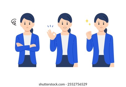 Conjunto de mujer de negocios en pose angustiada, pose OK y pose intestinal【Vector/ilustración/persona】