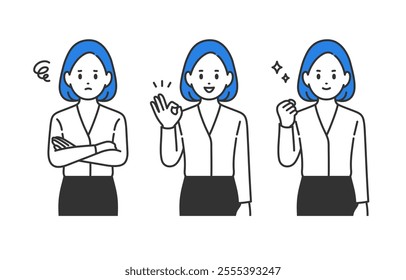 Set of businesswoman in distressed pose, OK pose, and gut pose【vector／illustration／person】