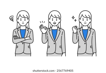 Set of businesswoman in distressed pose, OK pose, and gut pose【Vector／Illustration／Person】