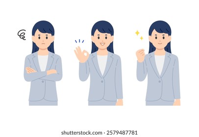 Set of businesswoman in distressed pose, OK pose, and gut pose【Vector／Illustration／Person】