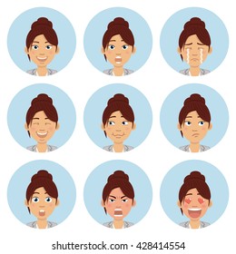 Set of businesswoman emoticons. Woman avatars showing different emotions. Happy, sad, cry, smile, laugh, angry, love, think and other facial expressions. Simple style vector illustration