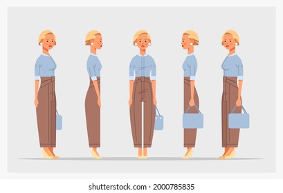 Set Businesswoman Front Side View Female Character Different Views For Animation Full Length Horizontal