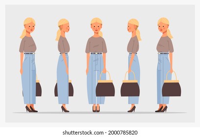 set businesswoman with handbag front side view female character different views for animation