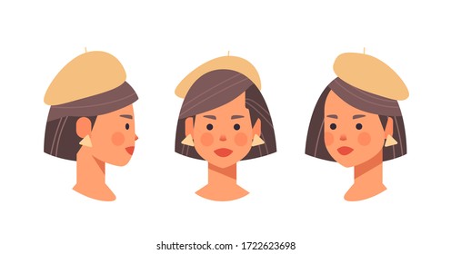 set businesswoman head avatar front side view female character different views for animation horizontal portrait vector illustration