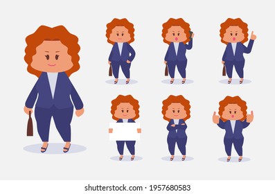 Set of Businesswoman or office worker wearing business suit and standing in different poses in cartoon character, isolated vector illustrations on white background.