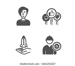 Set of Businesswoman person, Crowdfunding and Like icons. Engineer sign. Female user, Start business, Social media likes. Worker with cogwheel.  Classic design businesswoman person icon. Flat design
