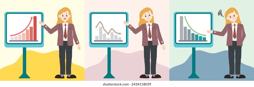 Set of businesswoman present growth, decline and sluggish chart turnover or profit chart arrow.. Flat cartoon style office worker character performance. Business report. Finance presentation. Analysis