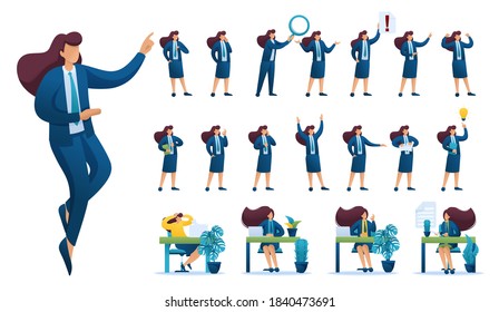 Set of Businesswoman. Presentation in various in various poses and actions. 2D Flat character vector illustration N2.