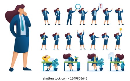 Set of Businesswoman. Presentation in various in various poses and actions. 2D Flat character vector illustration N5.