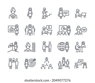 Set of businesswoman related linear icons on white background. Templates of handshake, meeting, female leader and other elements. Flat cartoon vector illustration