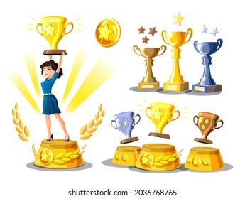 Set with businesswoman is standing on a winners pedestal with a golden cup and Winners podium with cups. Prizes for the Champions. Gold, silver and bronze cups