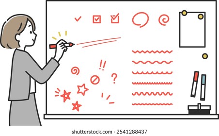Set of businesswoman in suit and footwear writing and explaining on whiteboard