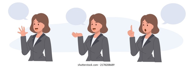 Set of businesswoman in various gesture. say hi,welcome,making some advice,notice.Flat vector cartoon character illustration.