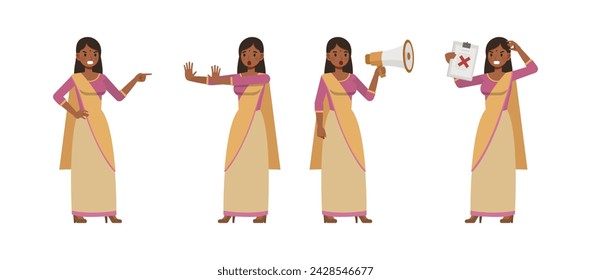 Set of businesswoman wear purple color shirt character vector design. Indian people working in office planning, thinking and economic analysis. Presentation in various action.