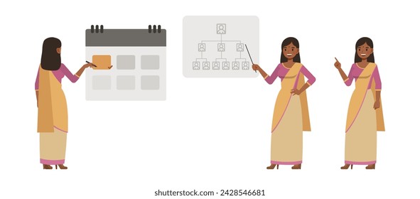 Set of businesswoman wear purple color shirt character vector design. Indian people working in office planning, thinking and economic analysis. Presentation in various action.