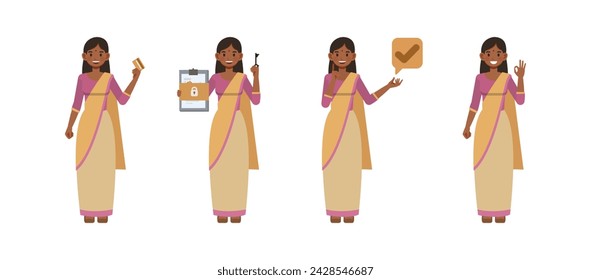 Set of businesswoman wear purple color shirt character vector design. Indian people working in office planning, thinking and economic analysis. Presentation in various action.