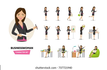 Set of businesswoman working cartoon character in office work situations. Young clerk woman in office clothes. Different poses and emotions, gestures, actions. Vector illustration front, rear view.