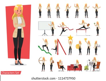 Set Of Businesswoman Working Character Vector Design. Presentation In Various Action With Emotions, Running, Standing, Walking And Working. 