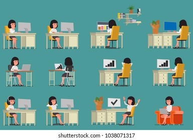 Set. Businesswoman works at the computer. Vector illustration.