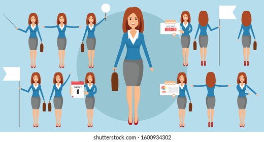 Set of businesswomans in different positions vector illustration in flat design