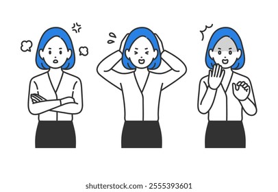 Set of businesswomen in angry, impatient and shocked poses【vector／illustration／person】