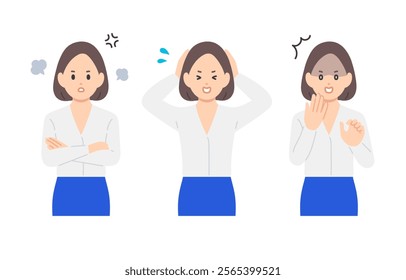 Set of businesswomen in angry, impatient and shocked poses【Vector／Illustration／Person】