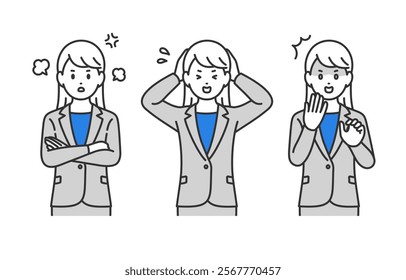 Set of businesswomen in angry, impatient and shocked poses【Vector／Illustration／Person】