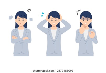 Set of businesswomen in angry, impatient and shocked poses【Vector／Illustration／Person】