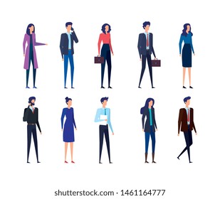 set of businesswomen and businessmen with smartphones and suitcases